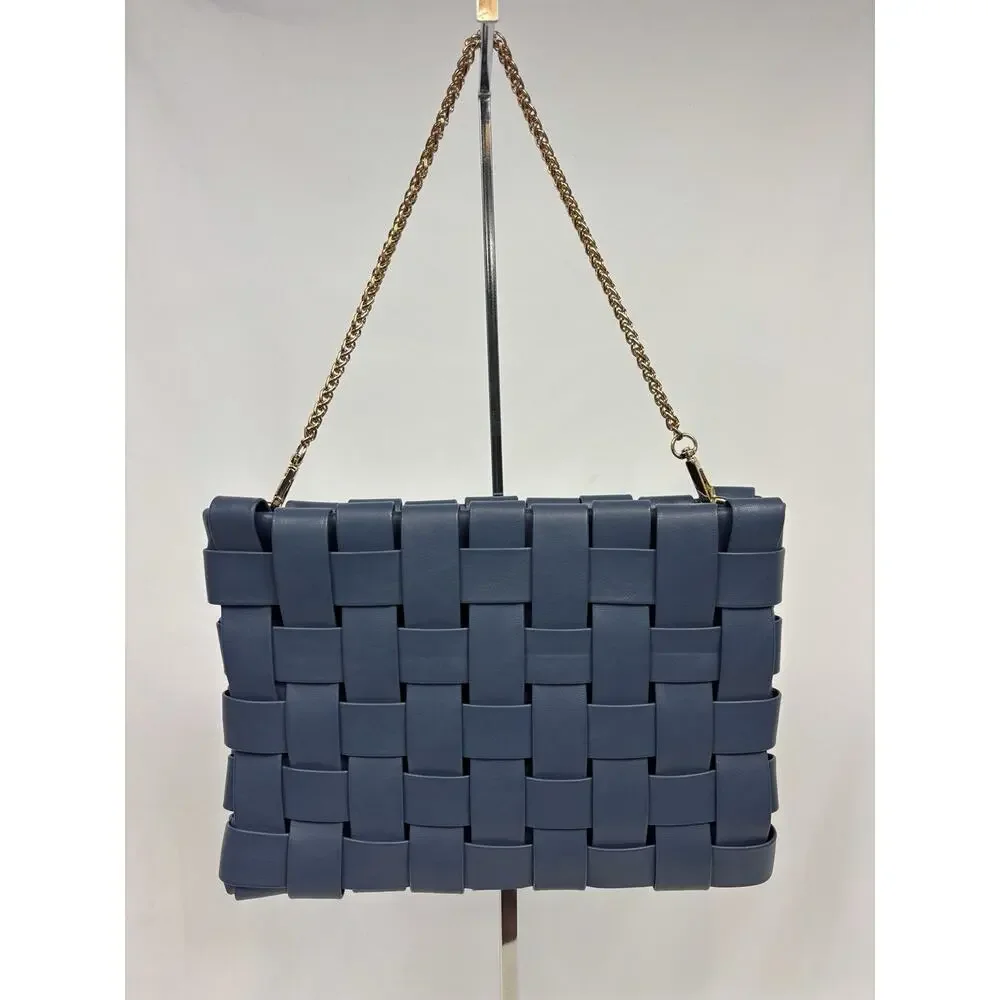 Remi / Reid Anthropologie Lindy Woven Clutch Shoulder Bag Blue Vegan Leather Gol - Picture 2 of 8